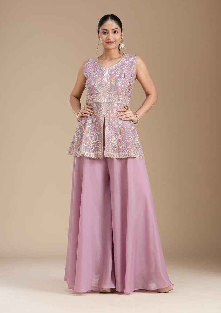 Mauve Threadwork Georgette Readymade Salwar Suit_koskii