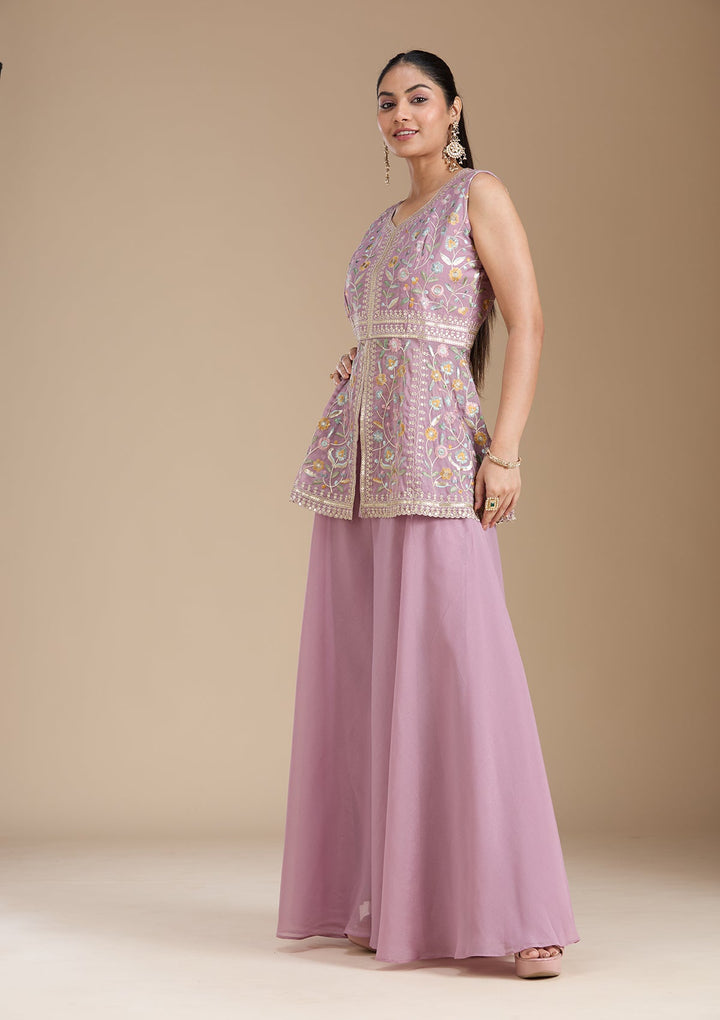 Mauve Threadwork Georgette Readymade Salwar Suit_koskii