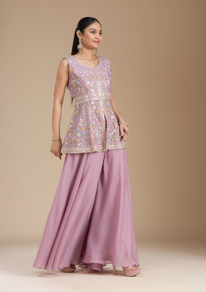 Mauve Threadwork Georgette Readymade Salwar Suit_koskii