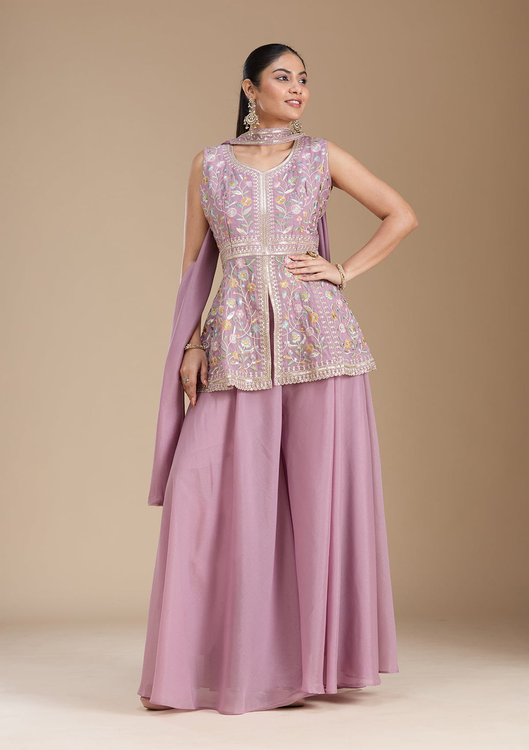 Mauve Threadwork Georgette Readymade Salwar Suit_koskii