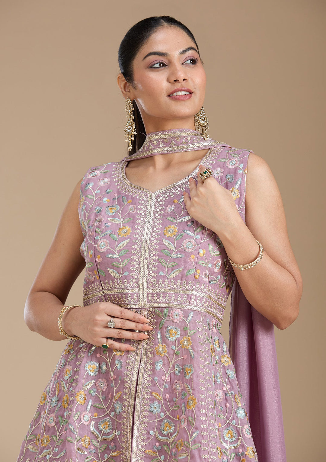 Mauve Threadwork Georgette Readymade Salwar Suit_koskii