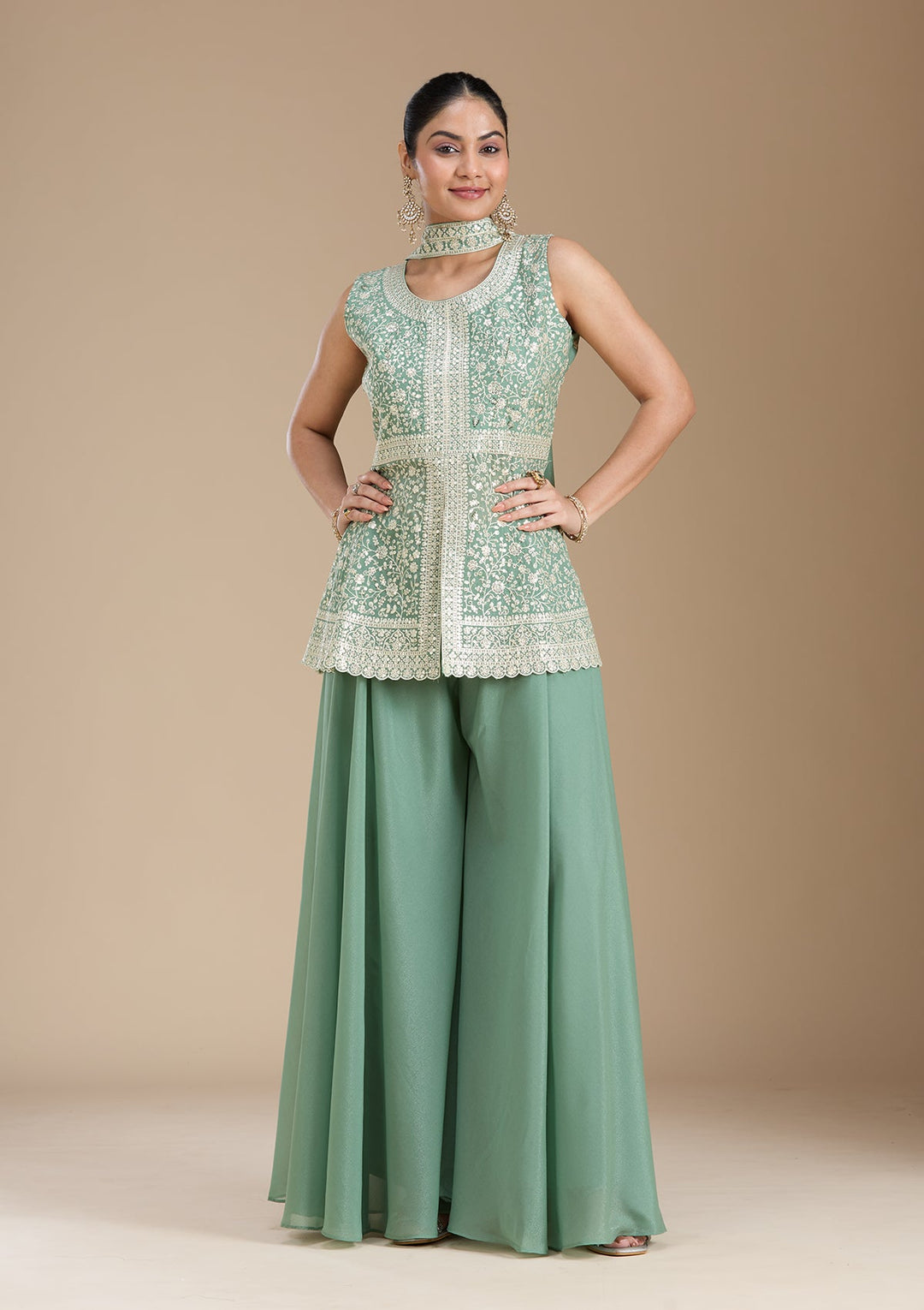 Leaf Green Zariwork (Gold) Georgette Readymade Salwar Suit_koskii