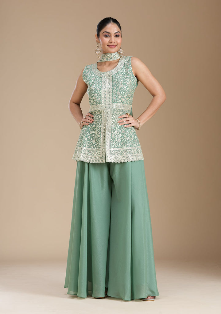 Leaf Green Zariwork (Gold) Georgette Readymade Salwar Suit_koskii