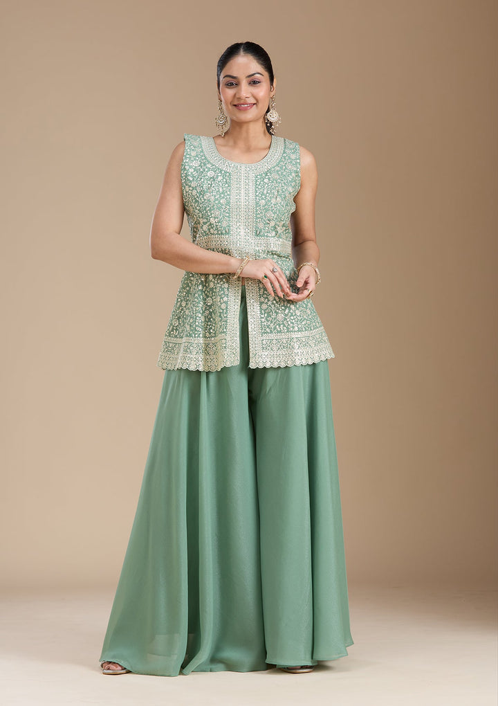 Leaf Green Zariwork (Gold) Georgette Readymade Salwar Suit_koskii