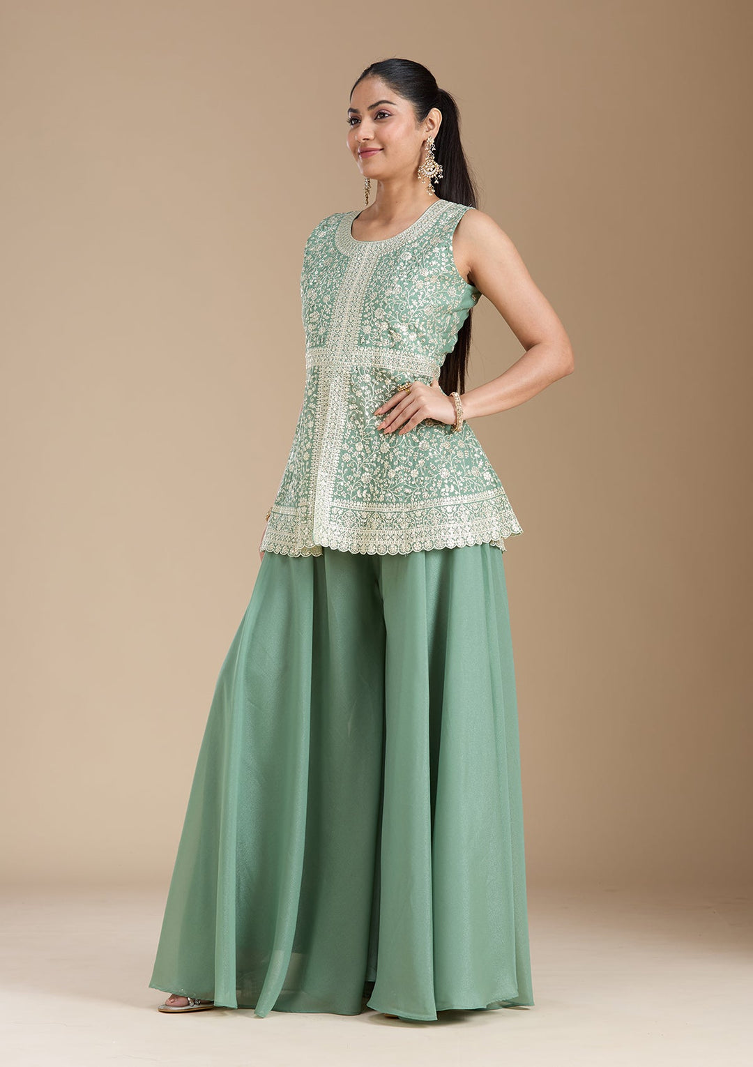 Leaf Green Zariwork (Gold) Georgette Readymade Salwar Suit_koskii