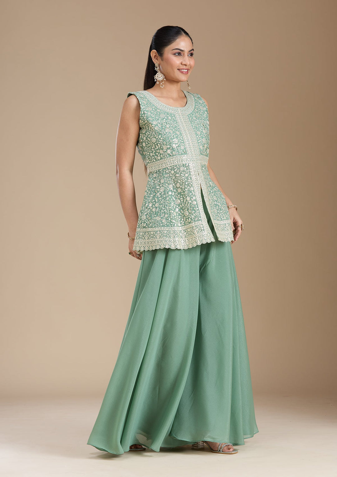 Leaf Green Zariwork (Gold) Georgette Readymade Salwar Suit_koskii