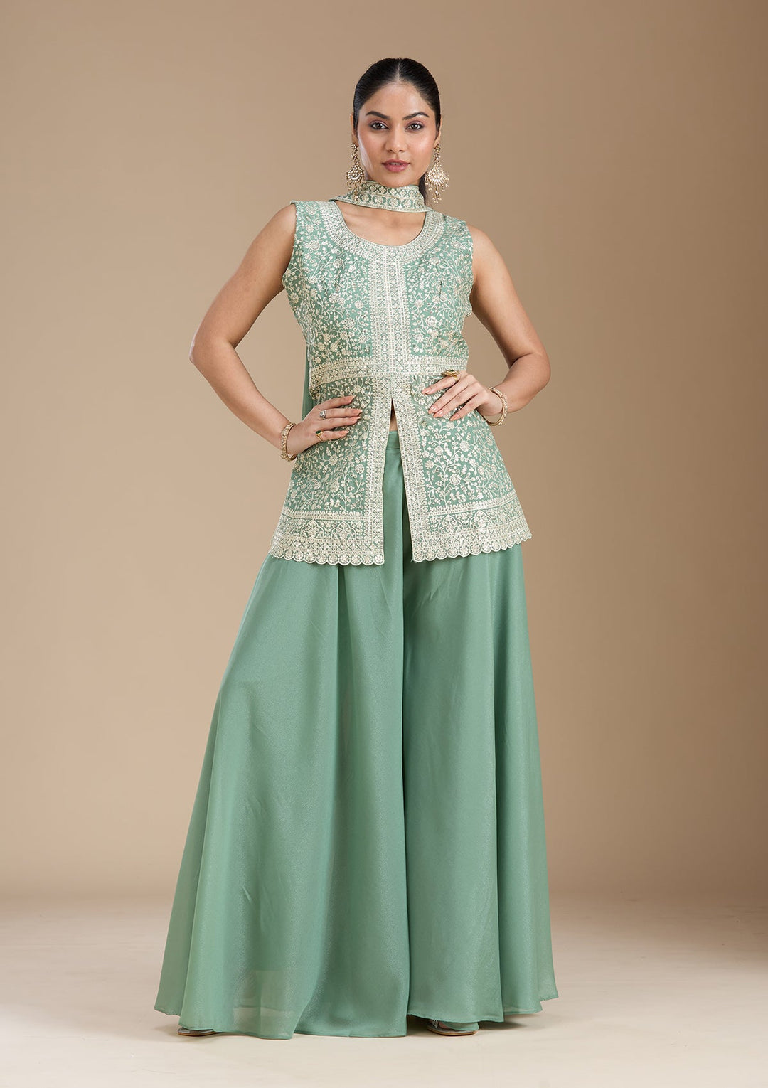 Leaf Green Zariwork (Gold) Georgette Readymade Salwar Suit_koskii