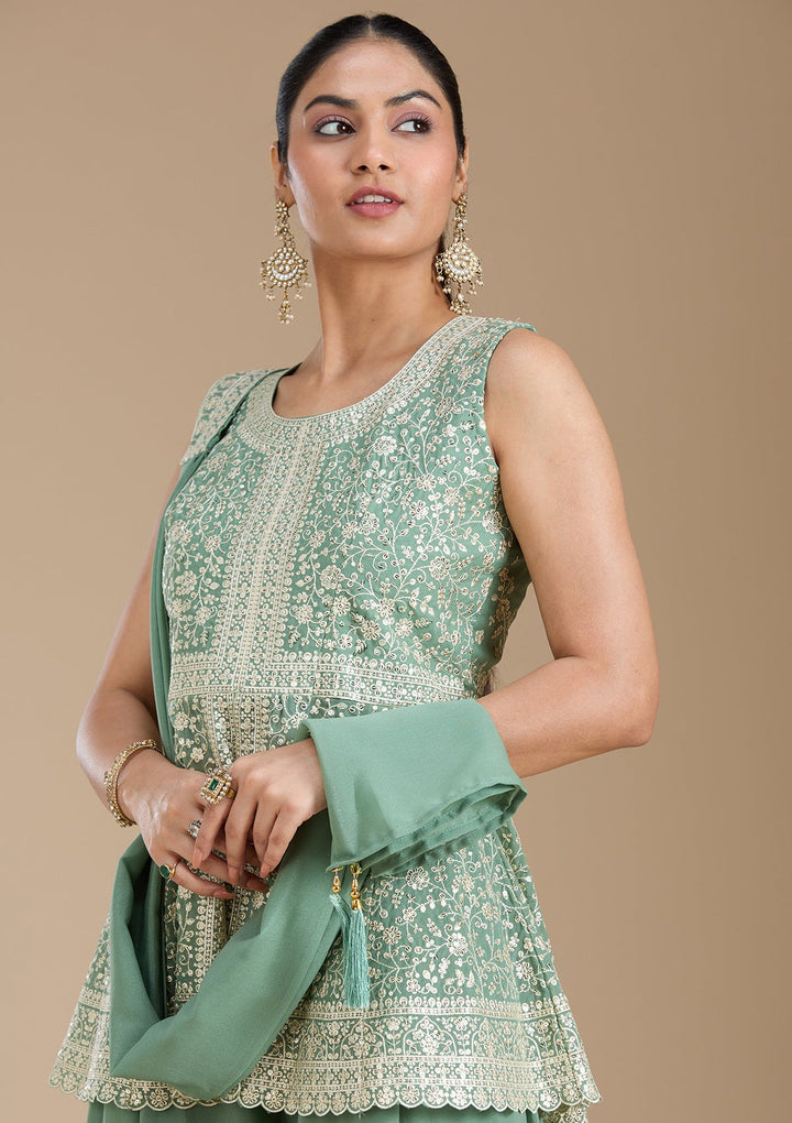 Leaf Green Zariwork (Gold) Georgette Readymade Salwar Suit_koskii