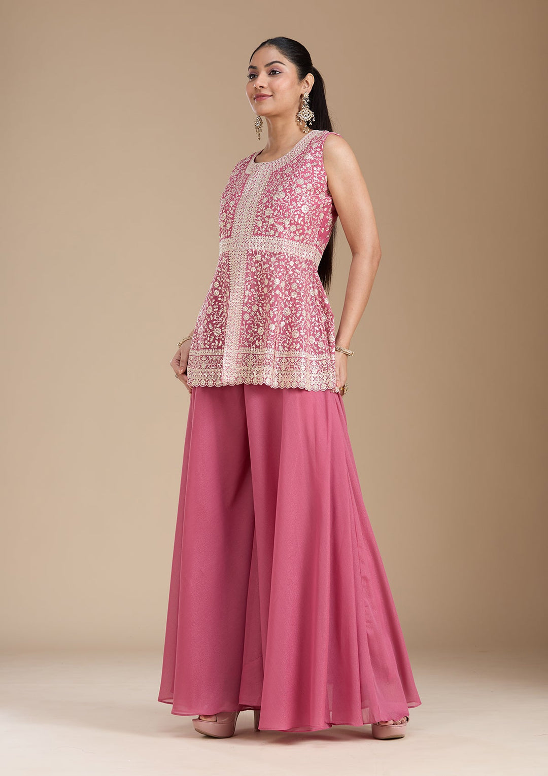 Pink Zariwork (Gold) Georgette Readymade Salwar Suit_koskii