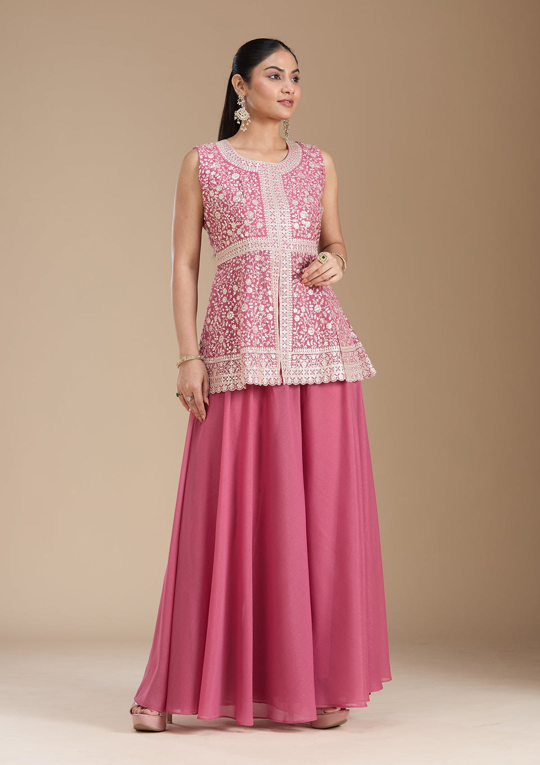 Pink Zariwork (Gold) Georgette Readymade Salwar Suit_koskii