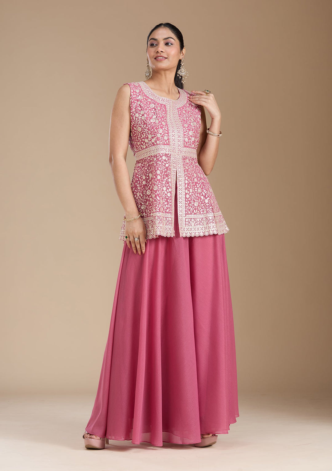 Pink Zariwork (Gold) Georgette Readymade Salwar Suit_koskii