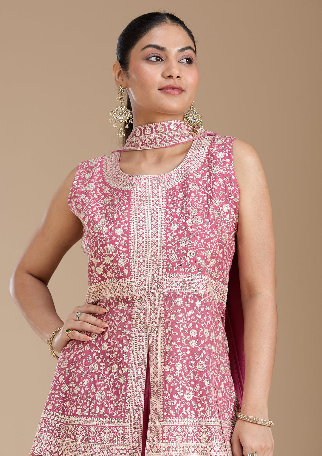 Pink Zariwork (Gold) Georgette Readymade Salwar Suit_koskii