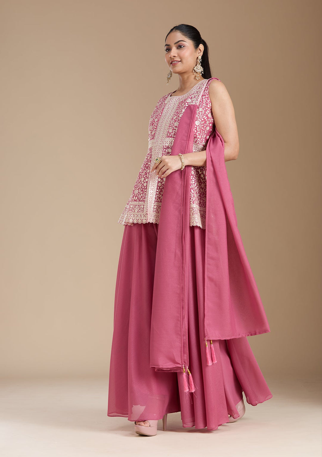 Pink Zariwork (Gold) Georgette Readymade Salwar Suit_koskii
