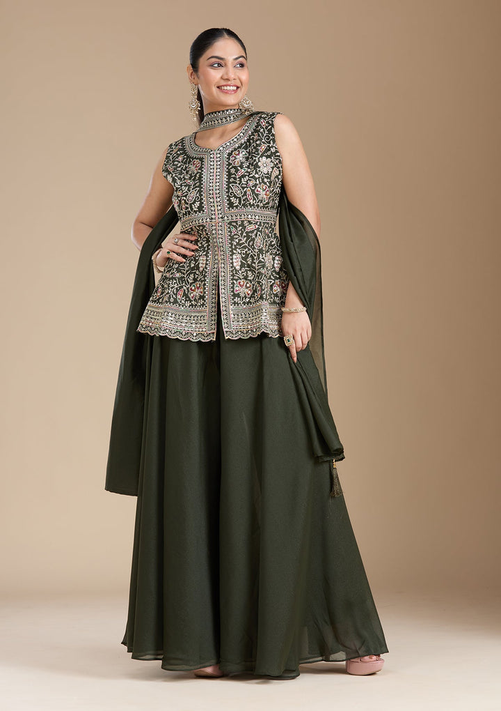Bottle Green Zariwork (Gold) Georgette Readymade Salwar Suit_koskii