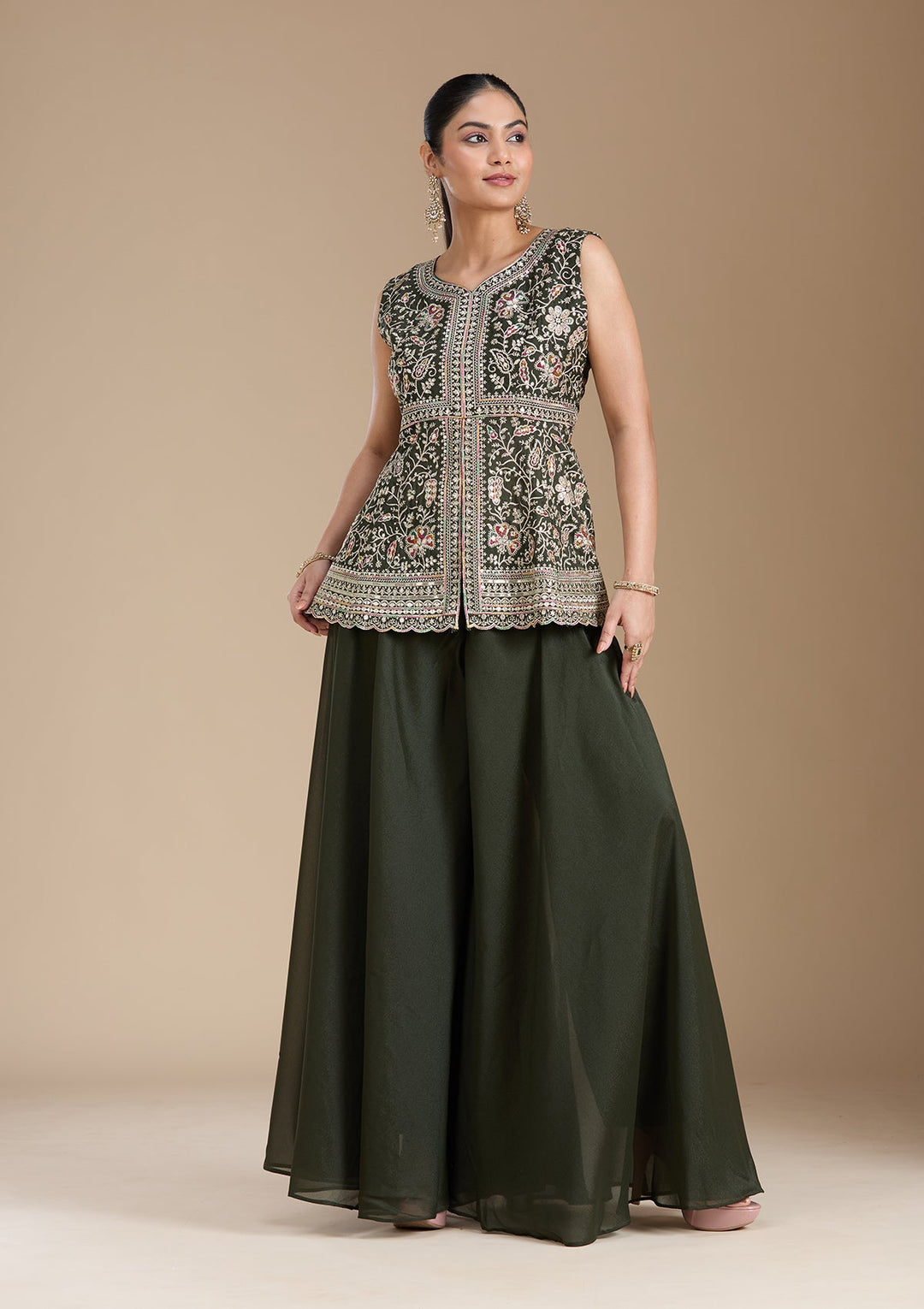 Bottle Green Zariwork (Gold) Georgette Readymade Salwar Suit_koskii