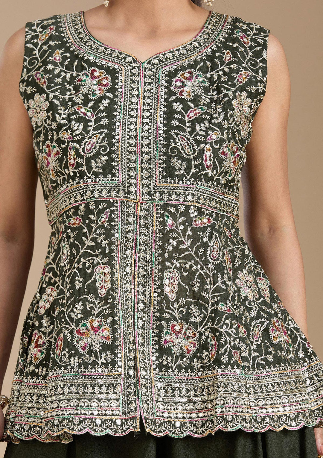 Bottle Green Zariwork (Gold) Georgette Readymade Salwar Suit_koskii