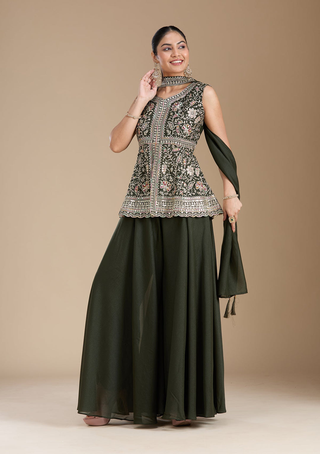 Bottle Green Zariwork (Gold) Georgette Readymade Salwar Suit_koskii