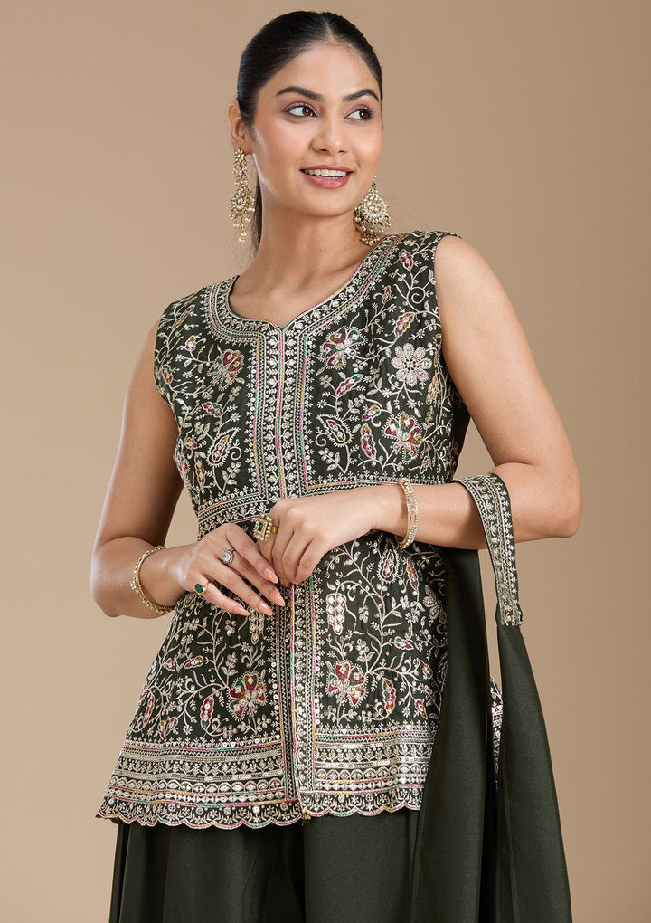 Bottle Green Zariwork (Gold) Georgette Readymade Salwar Suit_koskii