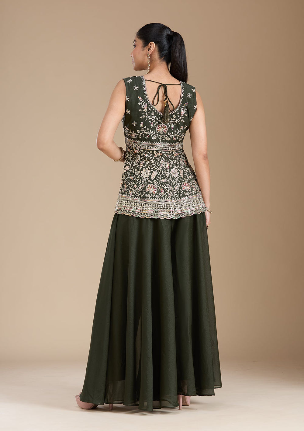 Bottle Green Zariwork (Gold) Georgette Readymade Salwar Suit_koskii