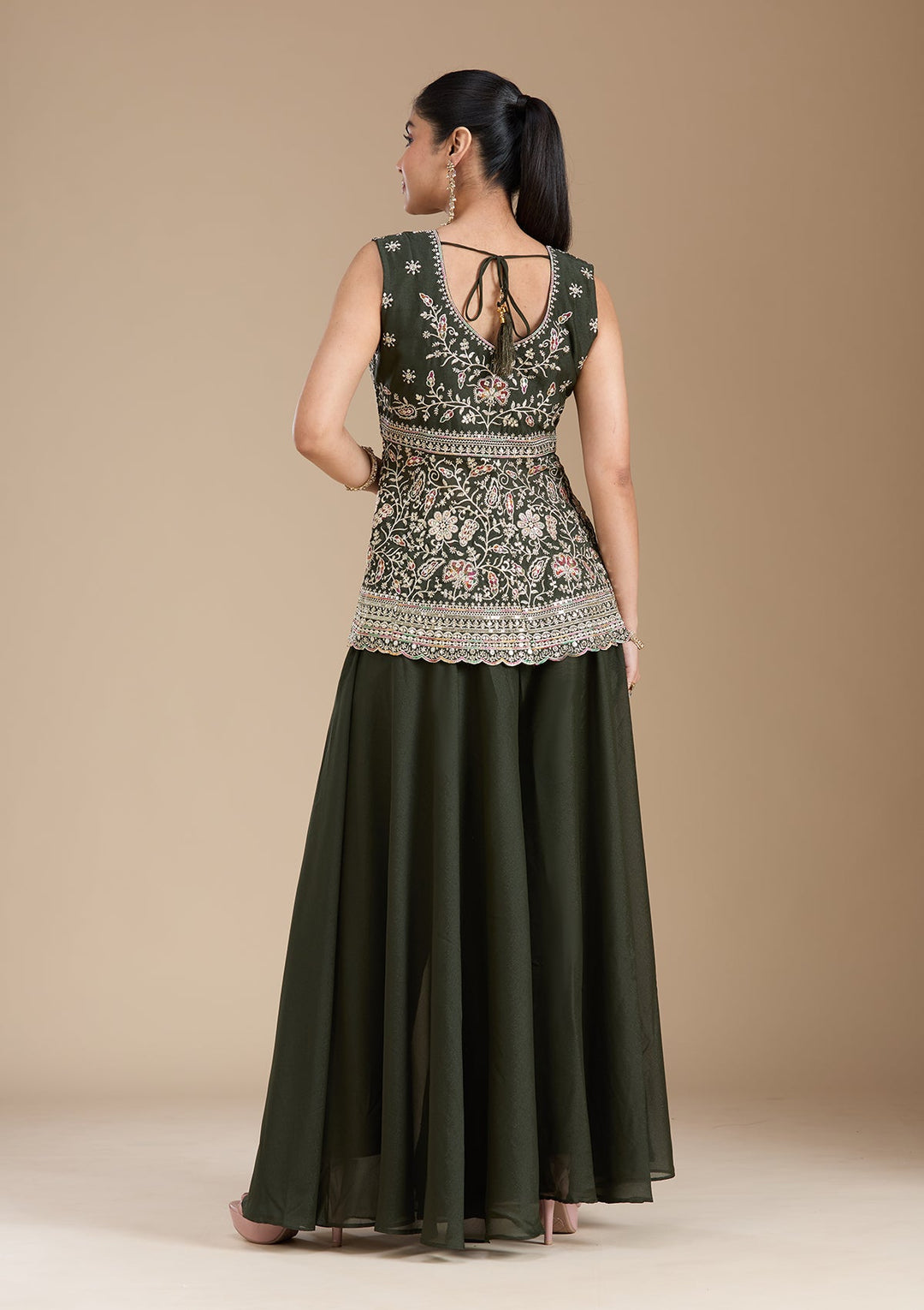 Bottle Green Zariwork (Gold) Georgette Readymade Salwar Suit_koskii