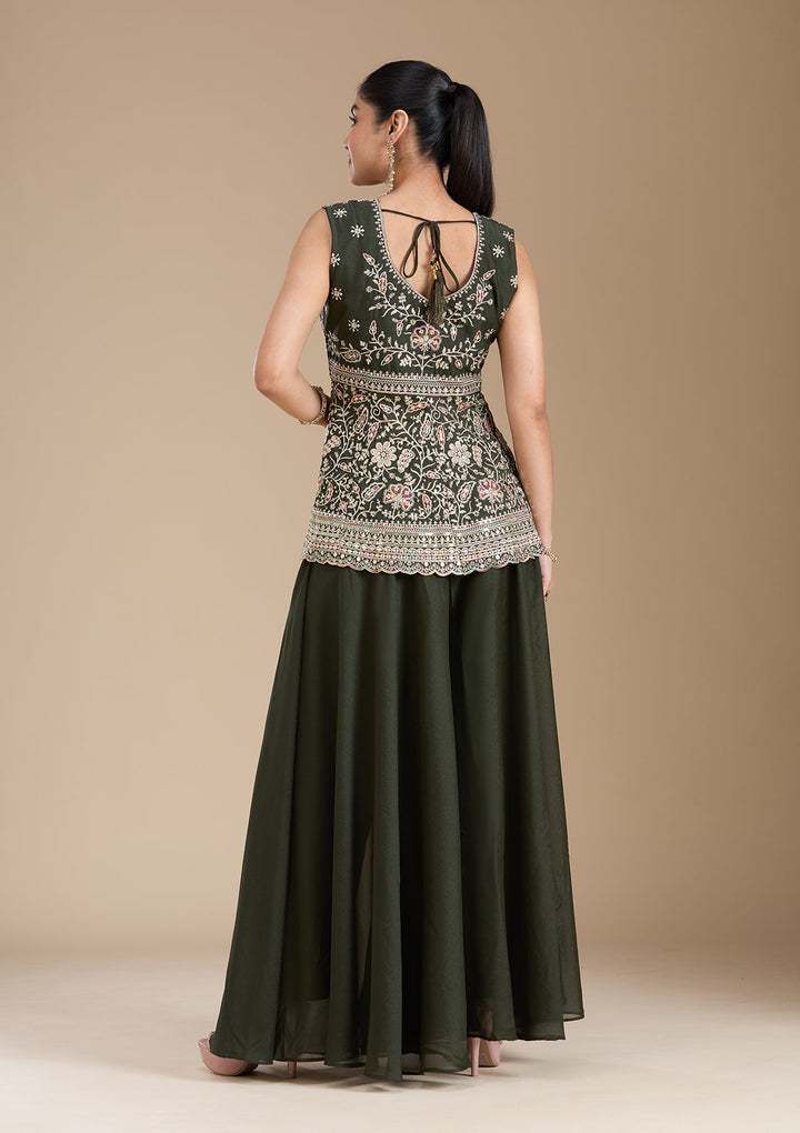 Bottle Green Zariwork (Gold) Georgette Readymade Salwar Suit_koskii