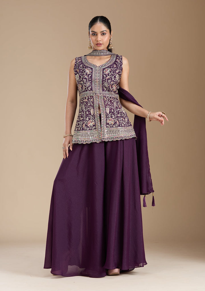 Wine Zariwork (Gold) Georgette Readymade Salwar Suit_koskii