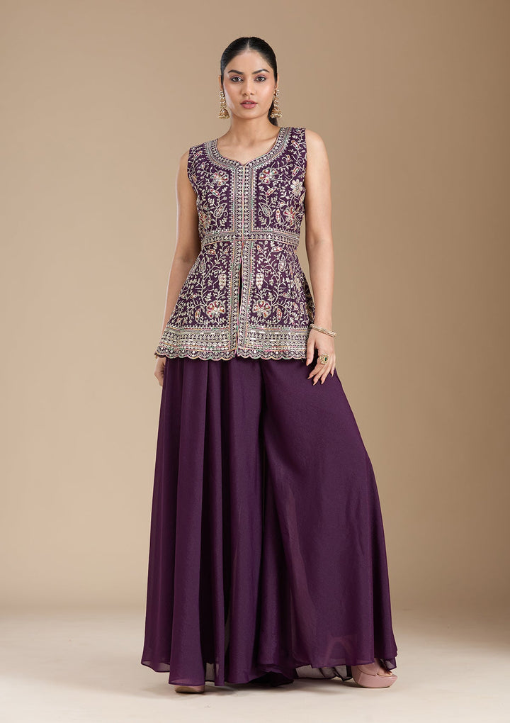 Wine Zariwork (Gold) Georgette Readymade Salwar Suit_koskii