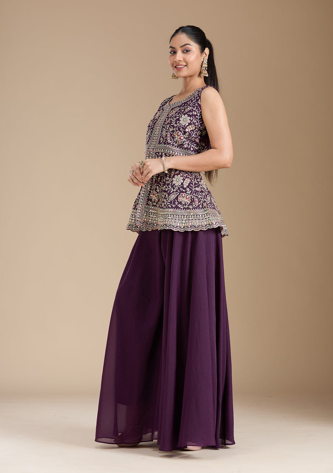 Wine Zariwork (Gold) Georgette Readymade Salwar Suit_koskii