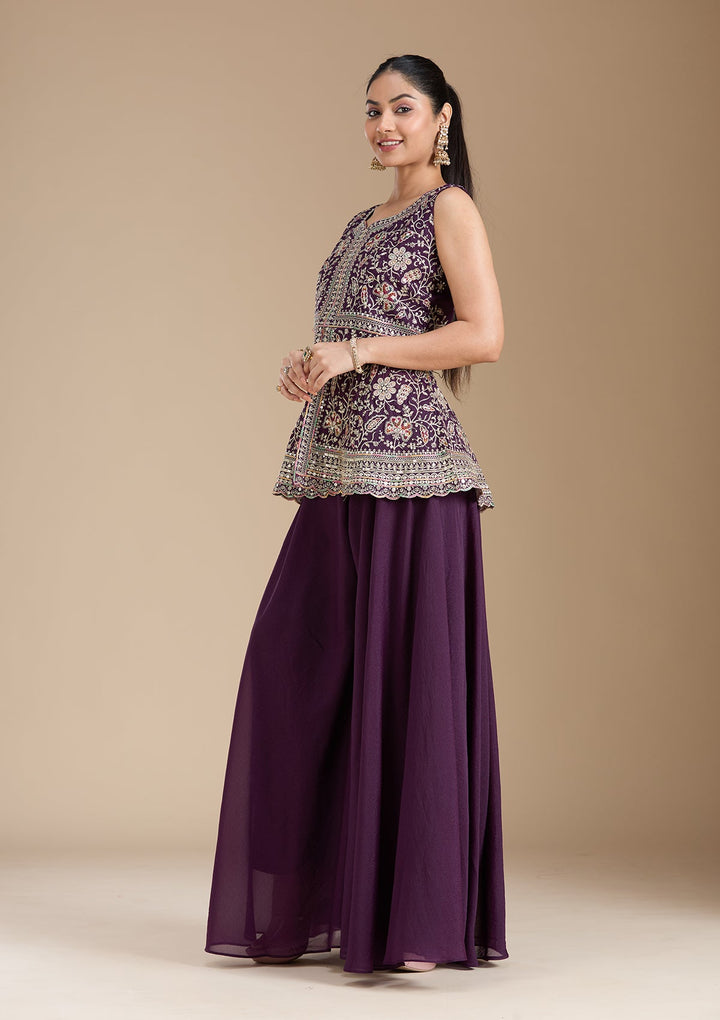 Wine Zariwork (Gold) Georgette Readymade Salwar Suit_koskii