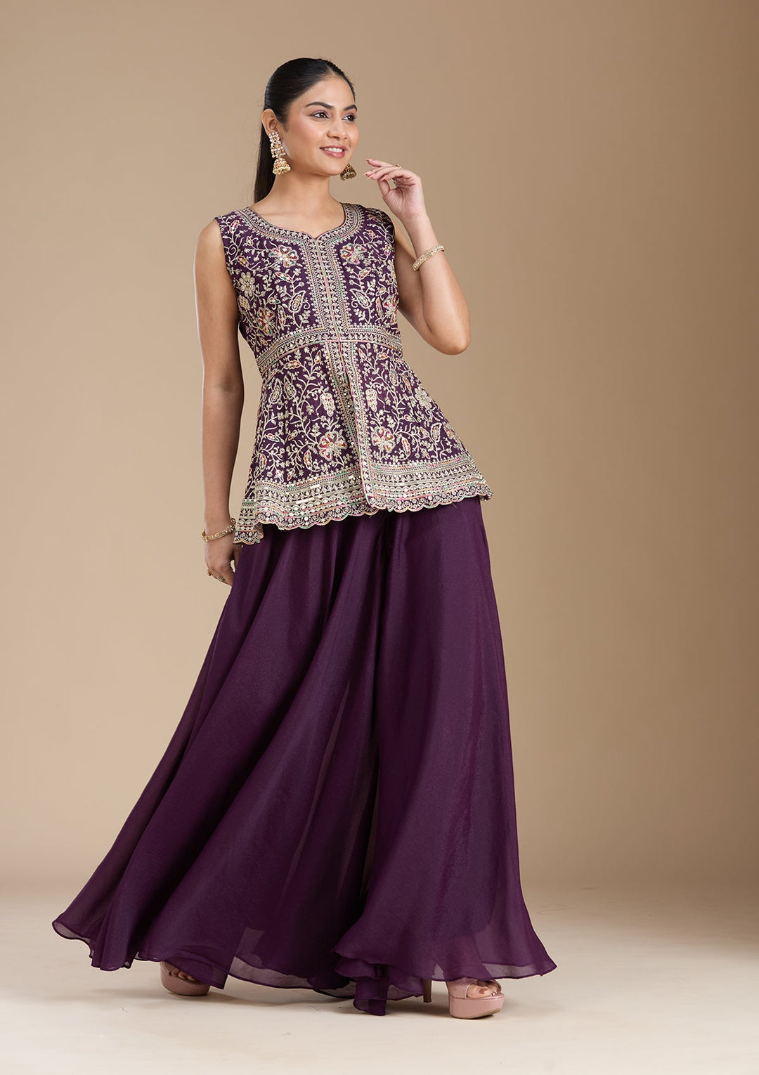 Wine Zariwork (Gold) Georgette Readymade Salwar Suit_koskii