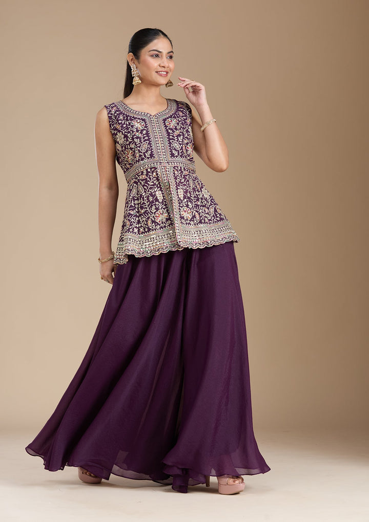 Wine Zariwork (Gold) Georgette Readymade Salwar Suit_koskii