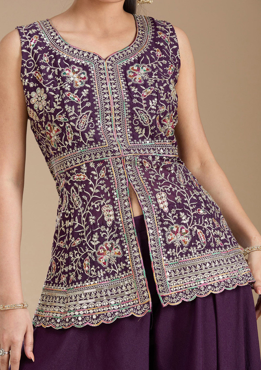 Wine Zariwork (Gold) Georgette Readymade Salwar Suit_koskii