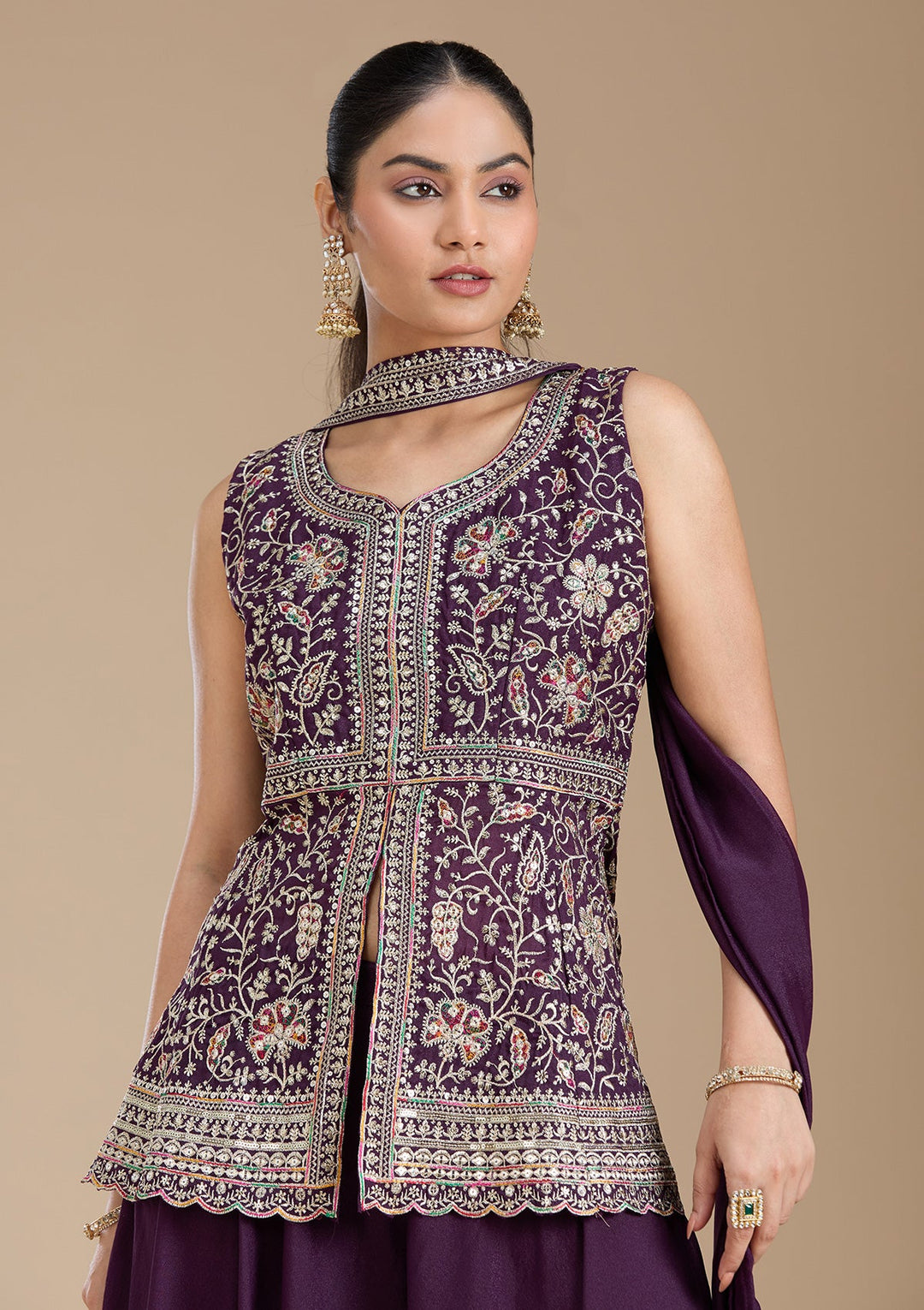 Wine Zariwork (Gold) Georgette Readymade Salwar Suit_koskii
