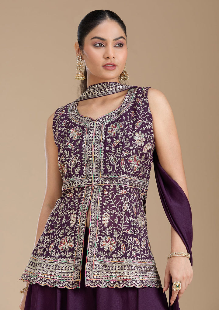 Wine Zariwork (Gold) Georgette Readymade Salwar Suit_koskii