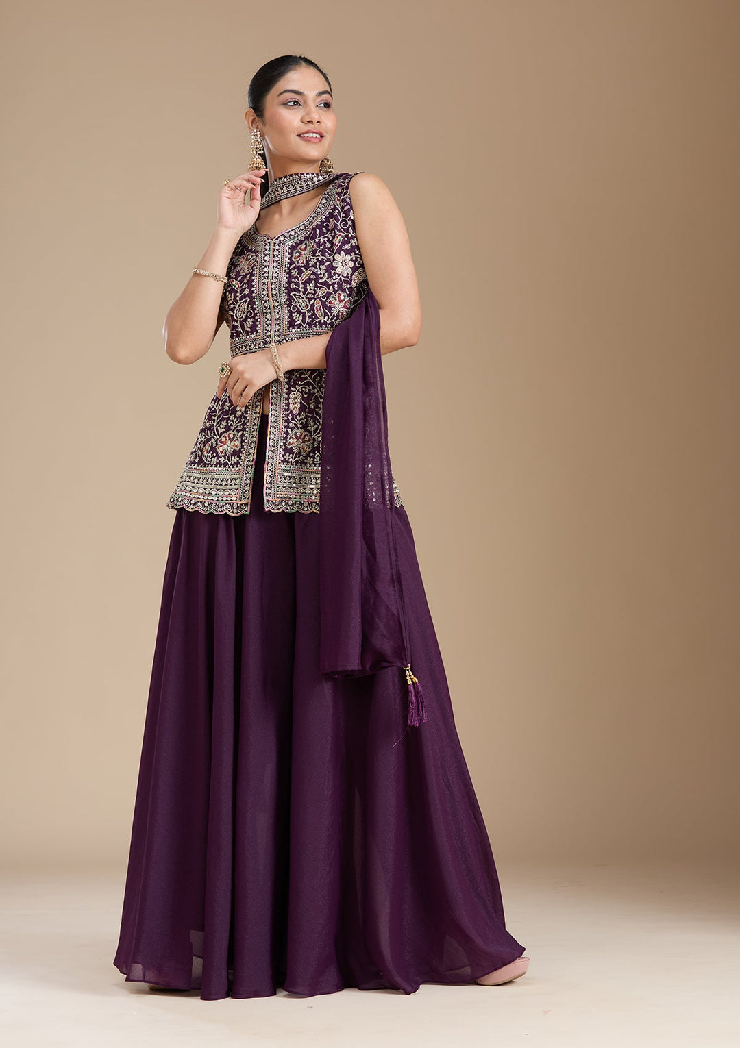 Wine Zariwork (Gold) Georgette Readymade Salwar Suit_koskii