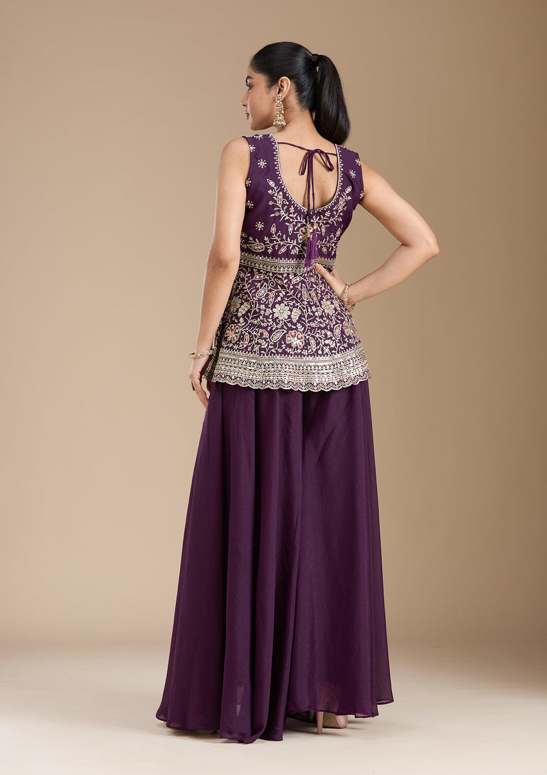 Wine Zariwork (Gold) Georgette Readymade Salwar Suit_koskii