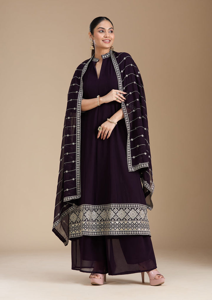 Purple Zariwork (Gold) Georgette Readymade Salwar Suit_koskii