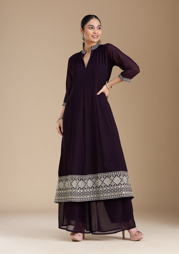 Purple Zariwork (Gold) Georgette Readymade Salwar Suit_koskii