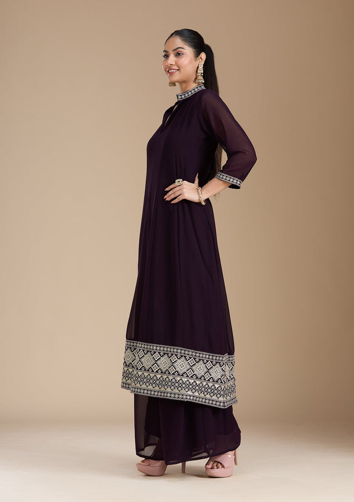 Purple Zariwork (Gold) Georgette Readymade Salwar Suit_koskii