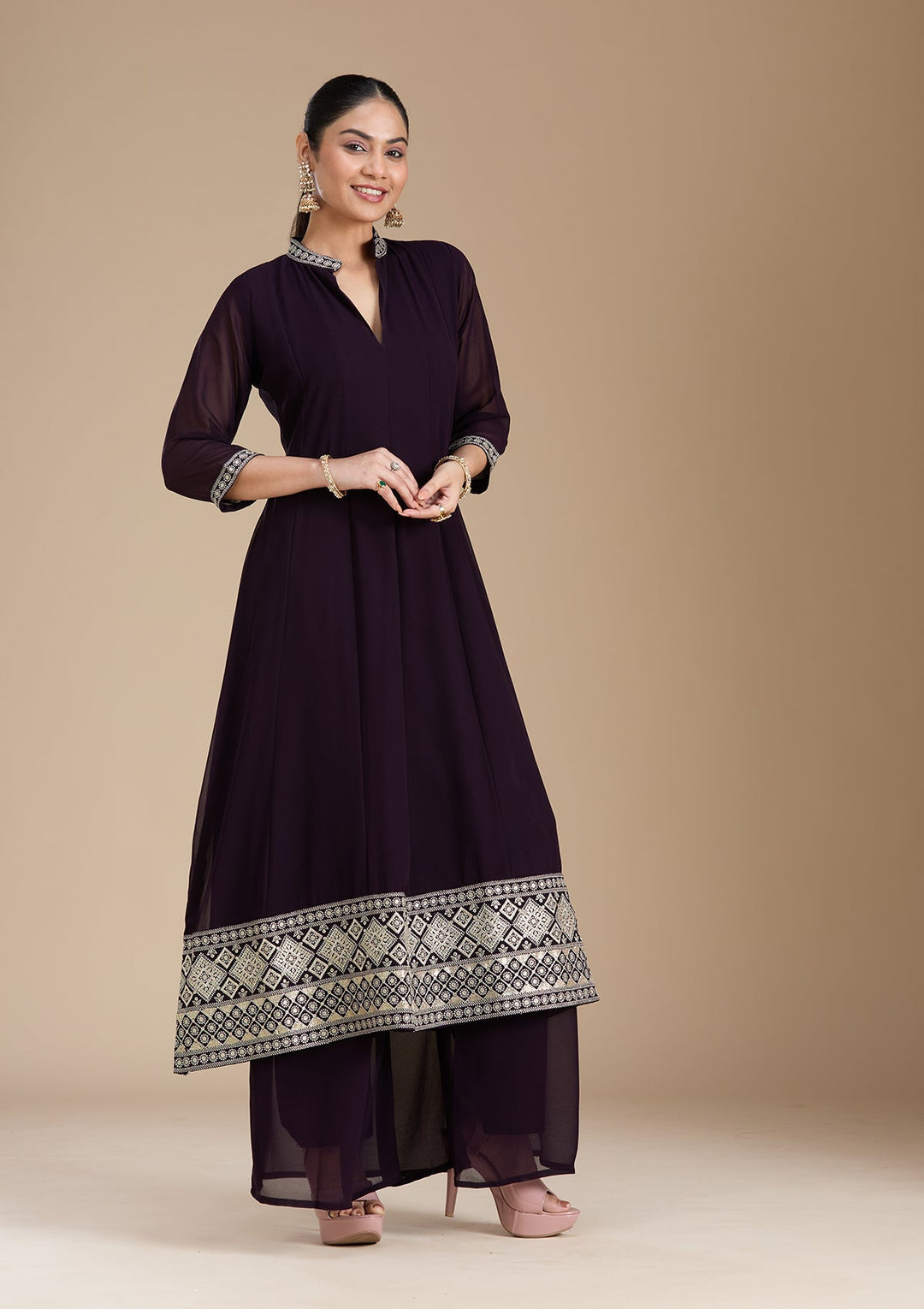 Purple Zariwork (Gold) Georgette Readymade Salwar Suit_koskii