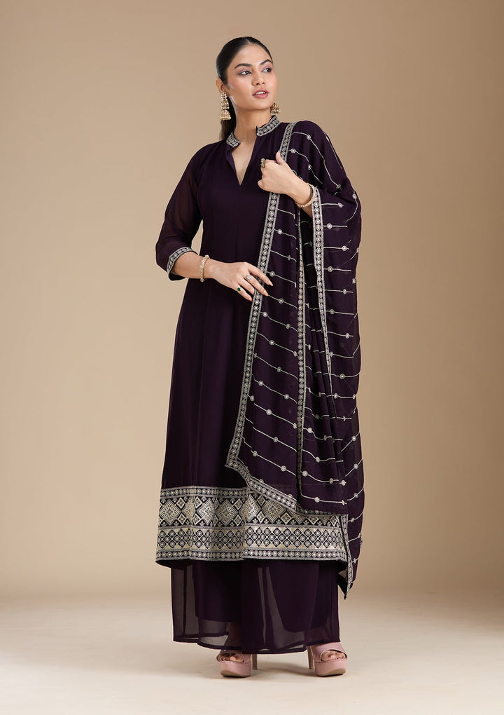 Purple Zariwork (Gold) Georgette Readymade Salwar Suit_koskii