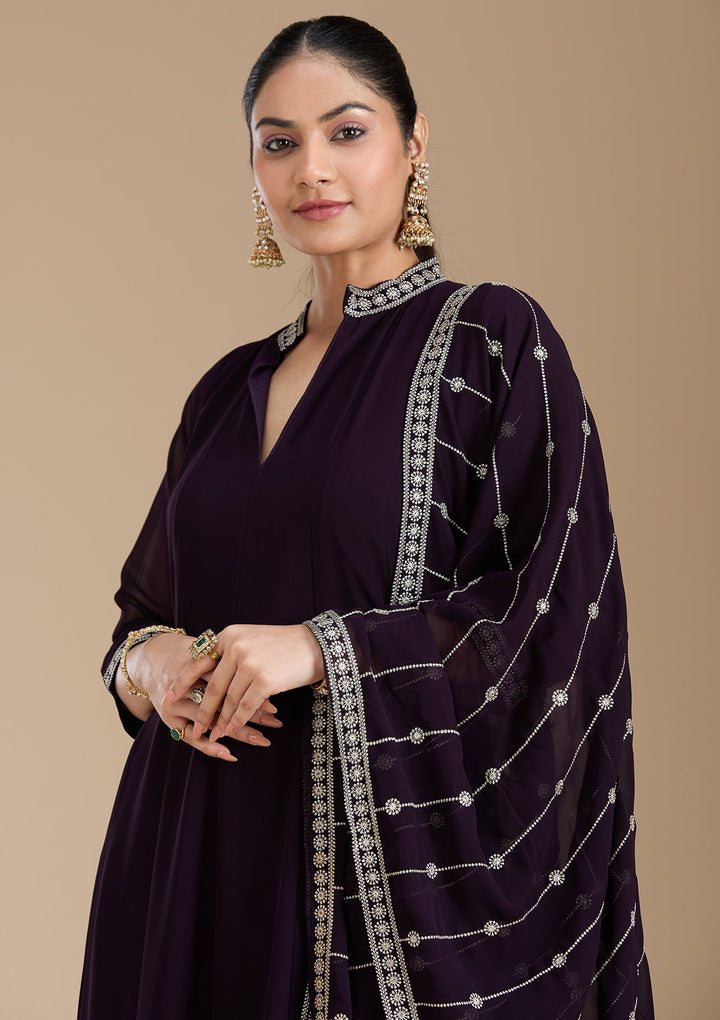 Purple Zariwork (Gold) Georgette Readymade Salwar Suit_koskii