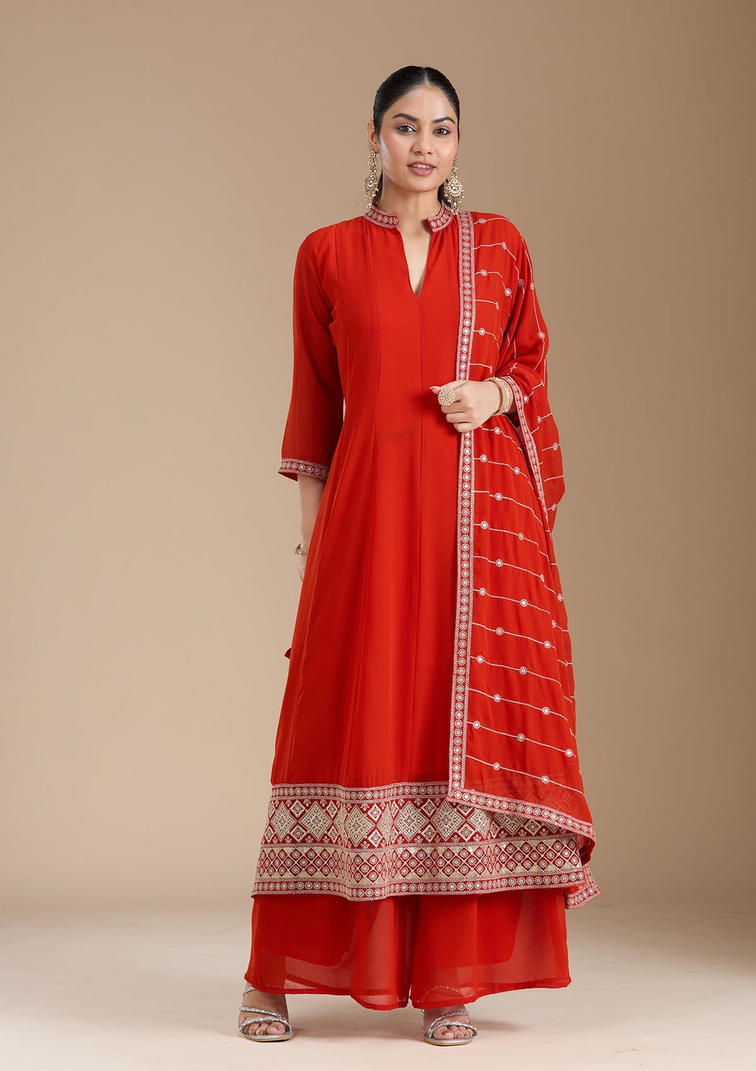 Rust Zariwork (Gold) Georgette Readymade Salwar Suit_koskii