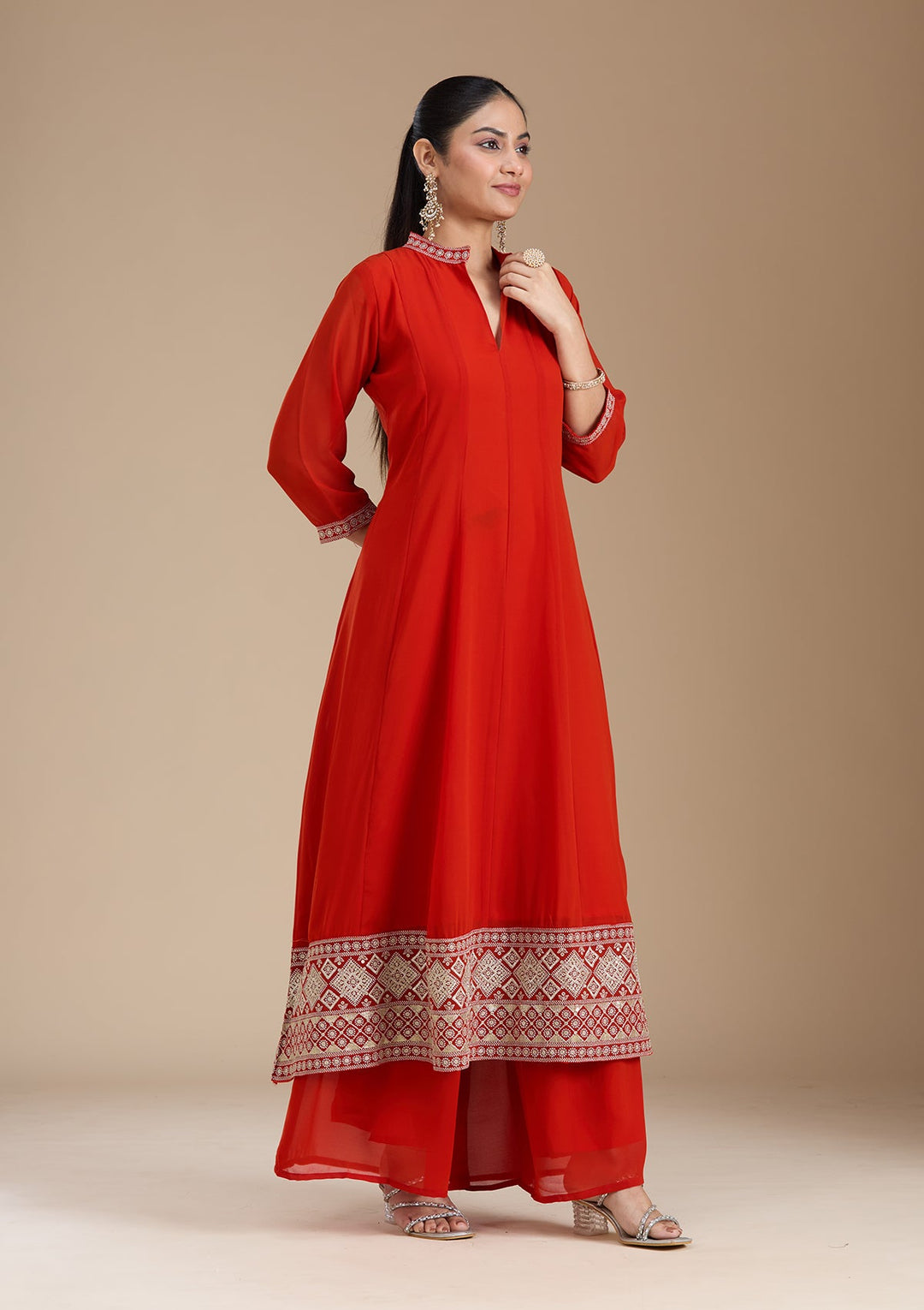 Rust Zariwork (Gold) Georgette Readymade Salwar Suit_koskii