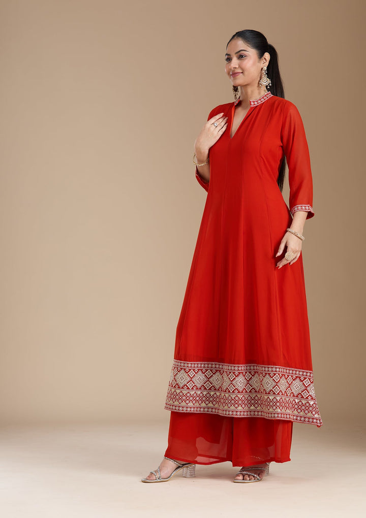 Rust Zariwork (Gold) Georgette Readymade Salwar Suit_koskii