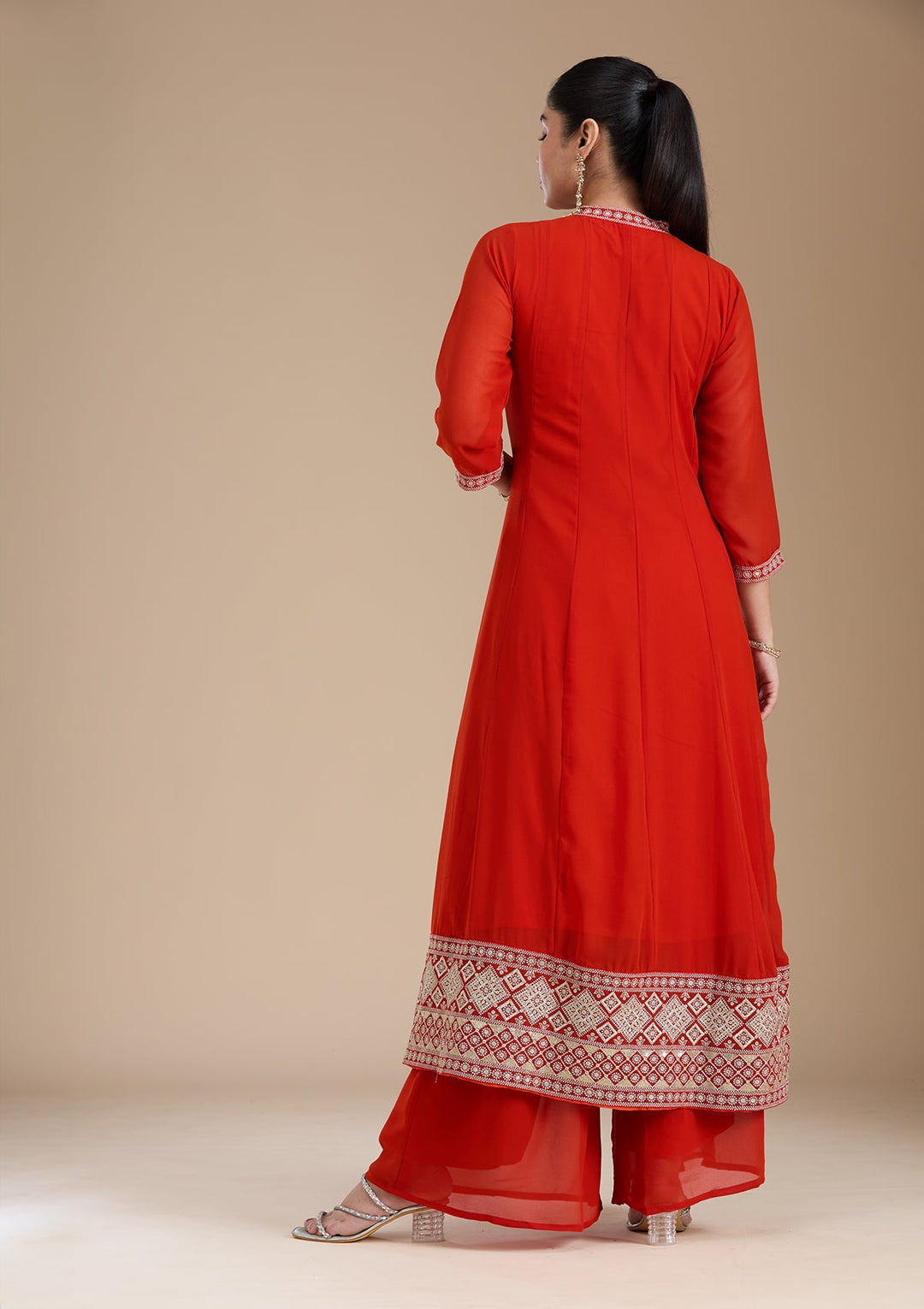 Rust Zariwork (Gold) Georgette Readymade Salwar Suit_koskii