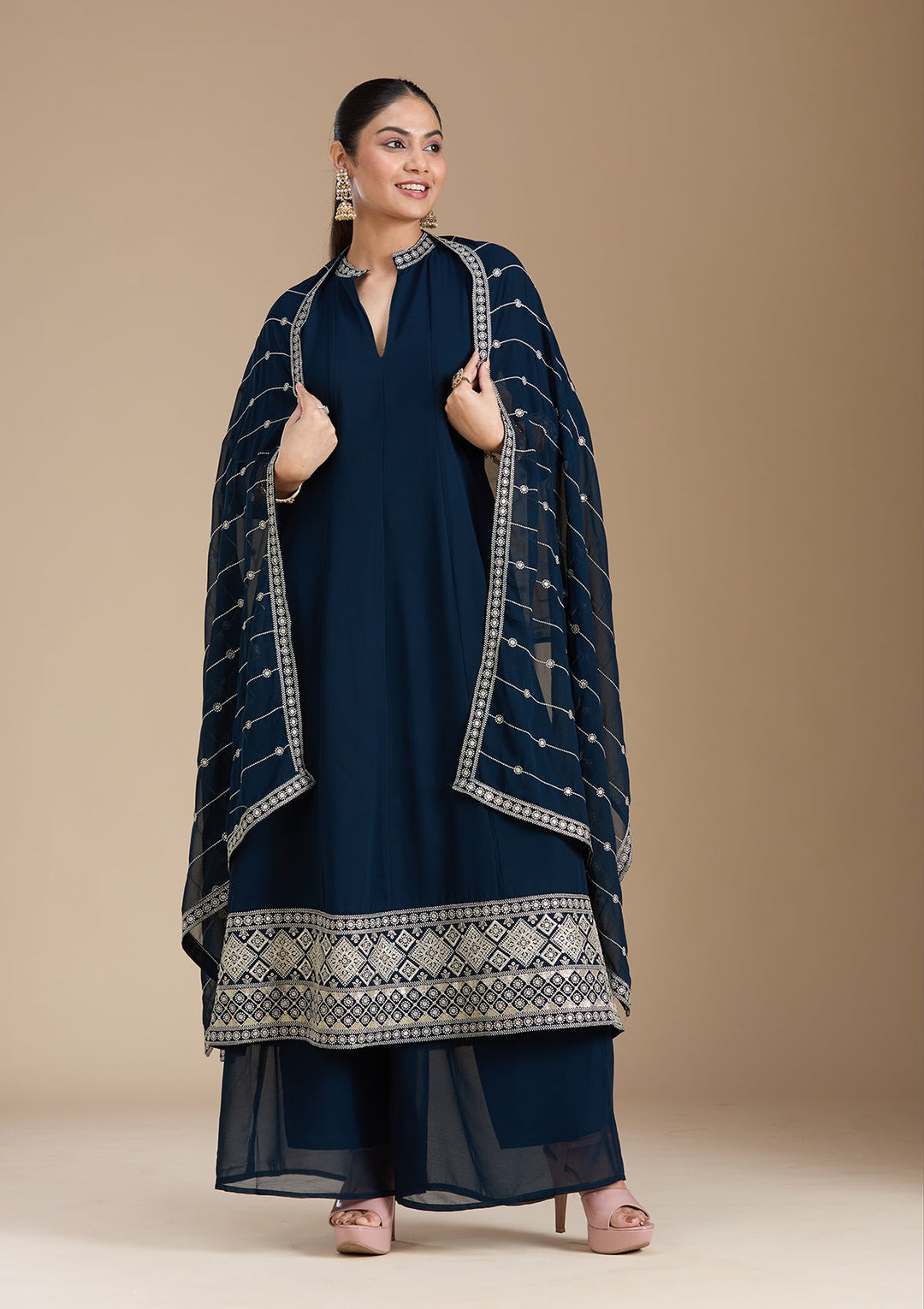 Teal Green Zariwork (Gold) Georgette Readymade Salwar Suit_koskii