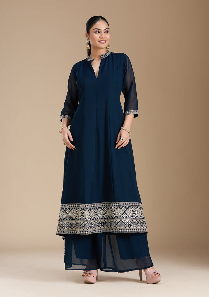 Teal Green Zariwork (Gold) Georgette Readymade Salwar Suit_koskii