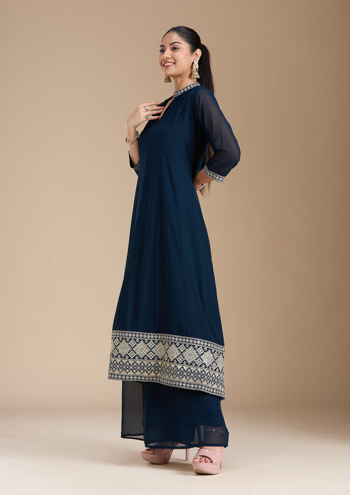 Teal Green Zariwork (Gold) Georgette Readymade Salwar Suit_koskii
