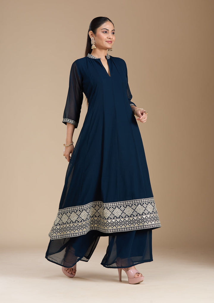 Teal Green Zariwork (Gold) Georgette Readymade Salwar Suit_koskii